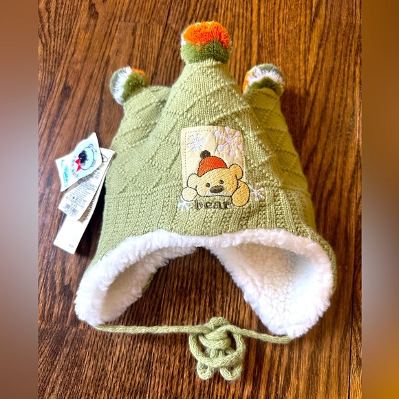Baby Winter Sherpa-Lined Knit Hat with Pom Poms & Bear Embroidery Green Unisex - Picture 1 of 4